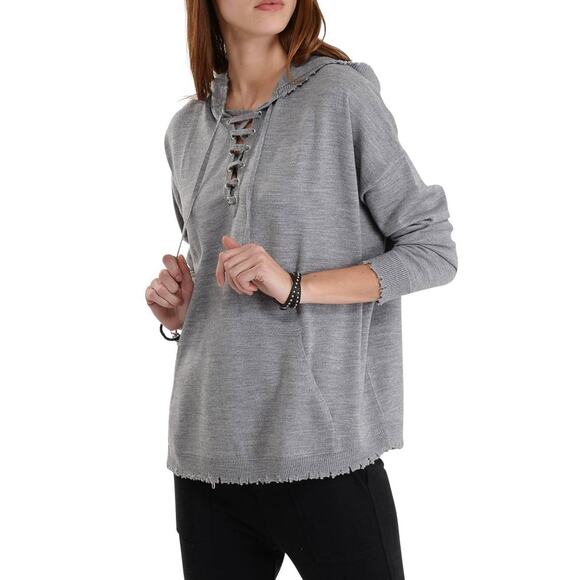 The Kooples Merino Wool Hooded Lace Up Pullover Raw Edge Sweater Hoodie - Picture 1 of 11